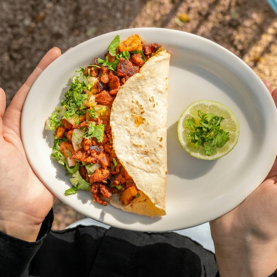 Person holds a plate with a stuffed folded flatbread, spiced filling, fresh herbs, and a lime half outdoors.