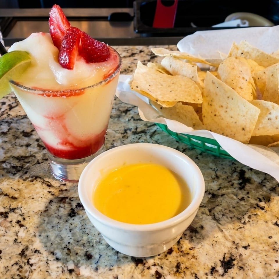Strawberry lime frozen drink with tortilla chips and cheese sauce on a granite restaurant counter.