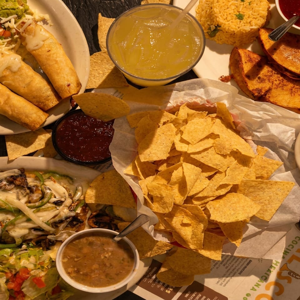 Overhead spread of Mexican dishes, tortilla chips, dips, garnishes, drinks, and a Coca-Cola bottle on a restaurant table.
