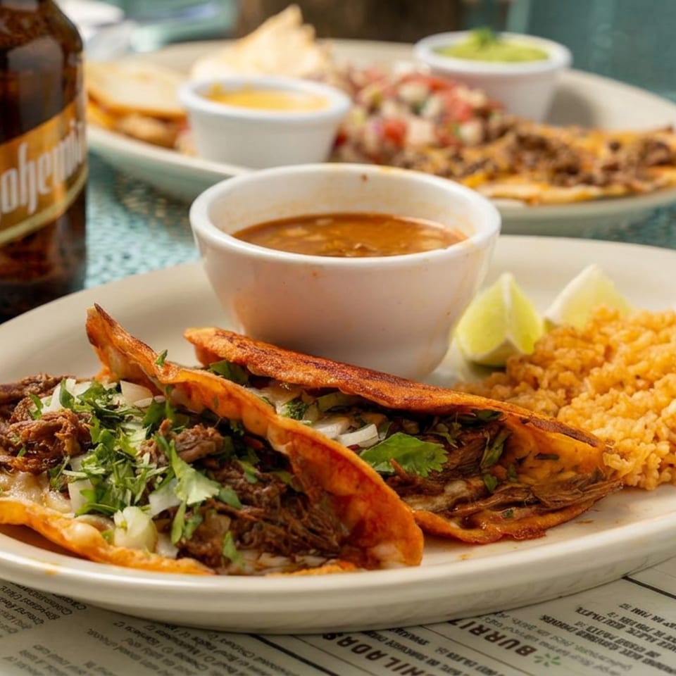 Plate of shredded beef tacos with cilantro, rice, lime wedges, and consommé, alongside tortilla chips, salsa, and a bottled beer.