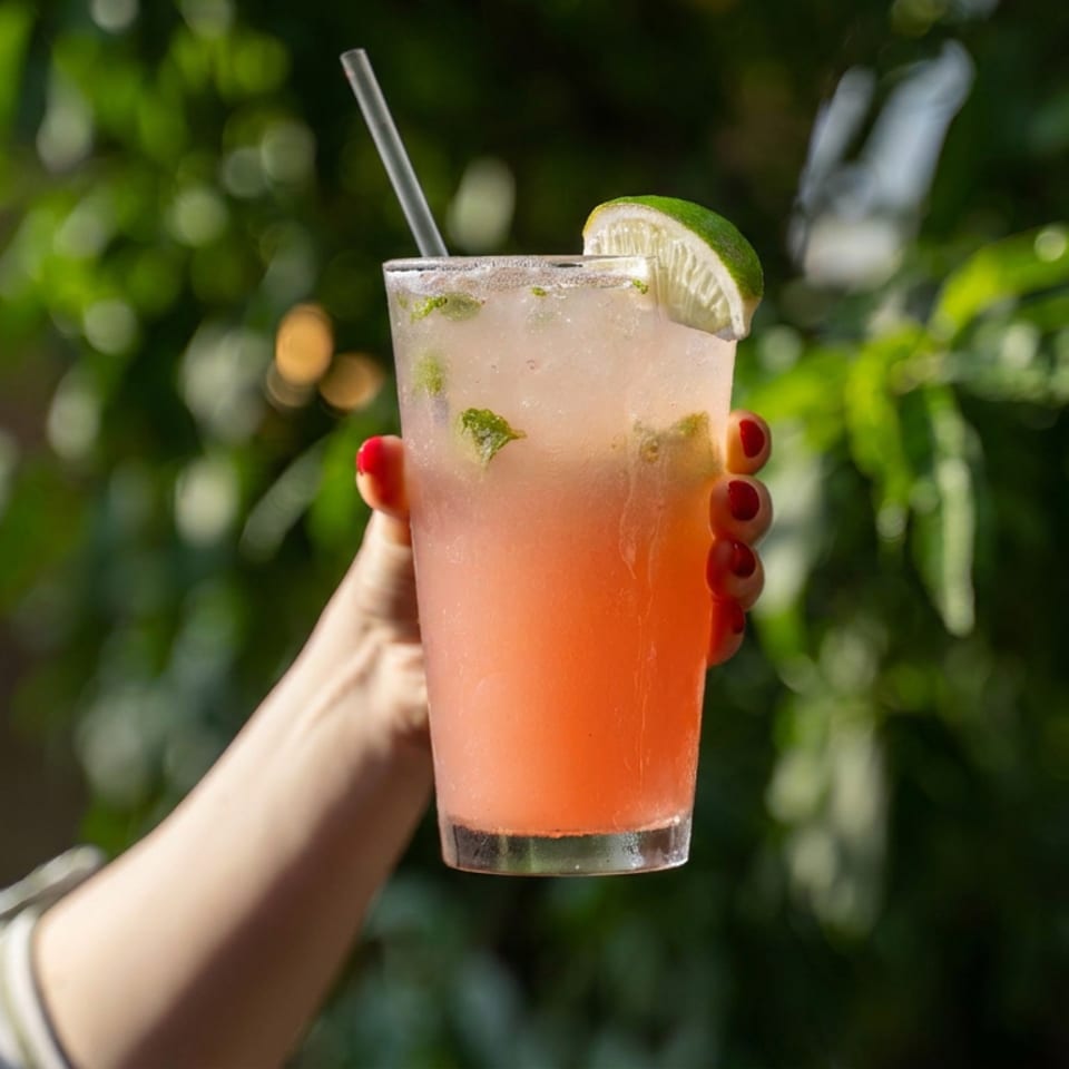 Hand holds a refreshing pink mint cocktail in a glass with a lime wedge and straw, surrounded by lush greenery.